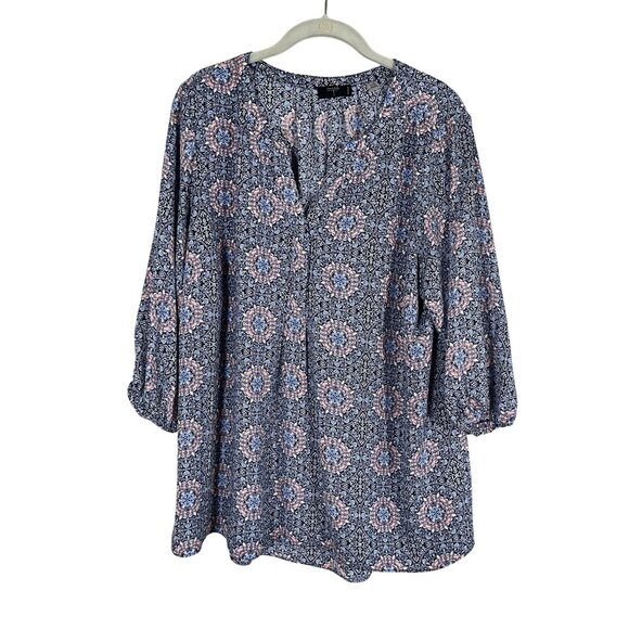 Retro Floral Tunic Top Blue 1X Boho Preppy Classic Chic Western Work Wear Artsy - Picture 1 of 10